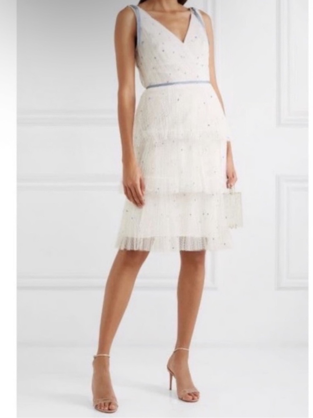 Marchesa Notte Sleeveless V neck Ivory Tulle Tea Length Dress with Blue Accents